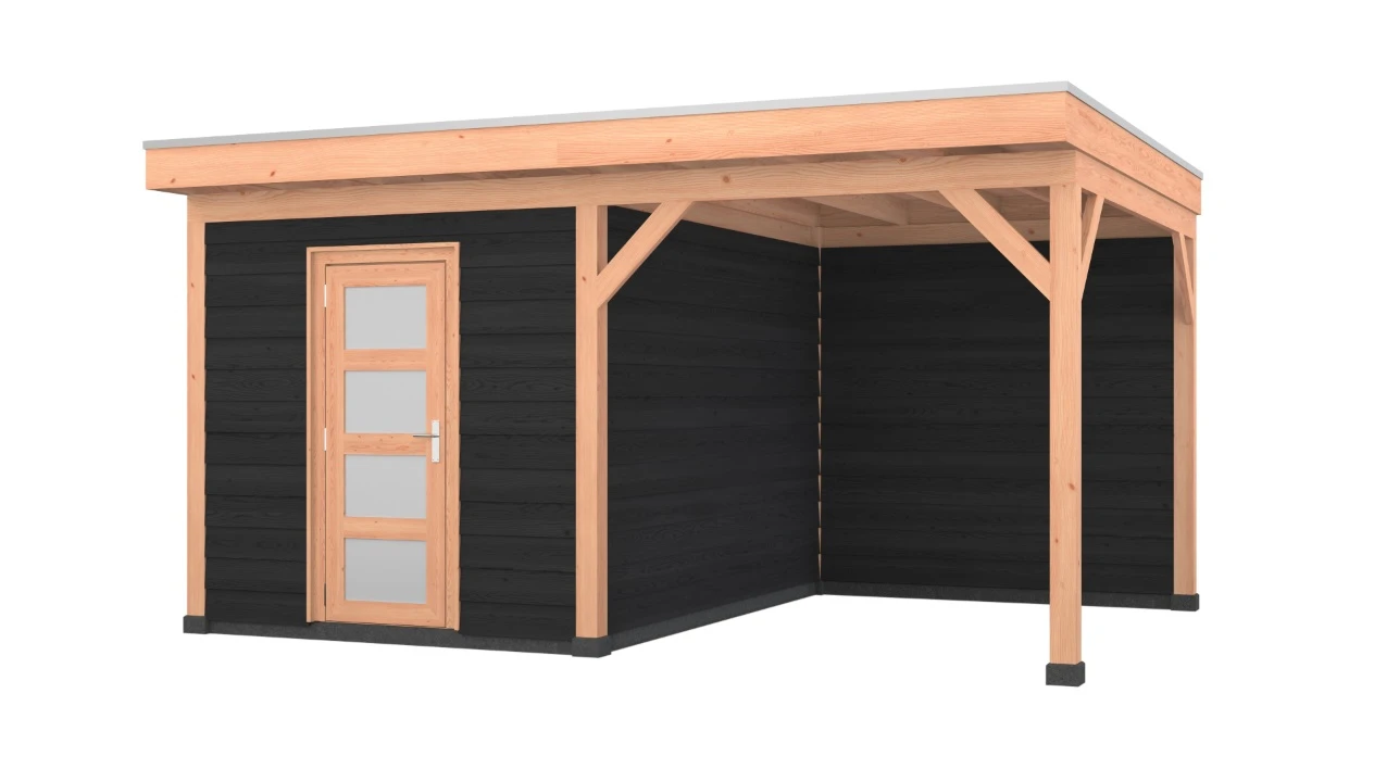 Douglas overkapping, 500 x 350, met schuur en achterwand, Westwood Comfort Zwart - Afbeelding 1